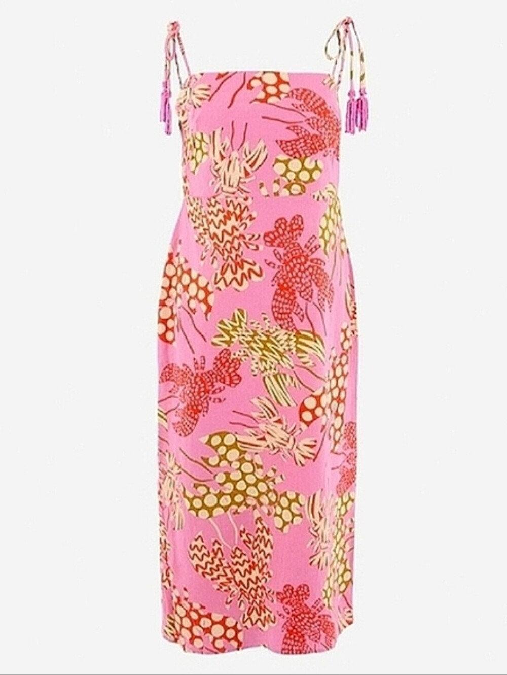 Rachel Zoe Linen Blend Lobster Print Beaded Fringe Strap Sleeveless Midi Dress